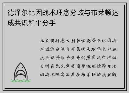 德泽尔比因战术理念分歧与布莱顿达成共识和平分手